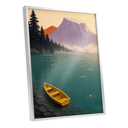 Amber Lake Stillness, green, blue, purple nature wall art shown as a silver framed poster wall art print