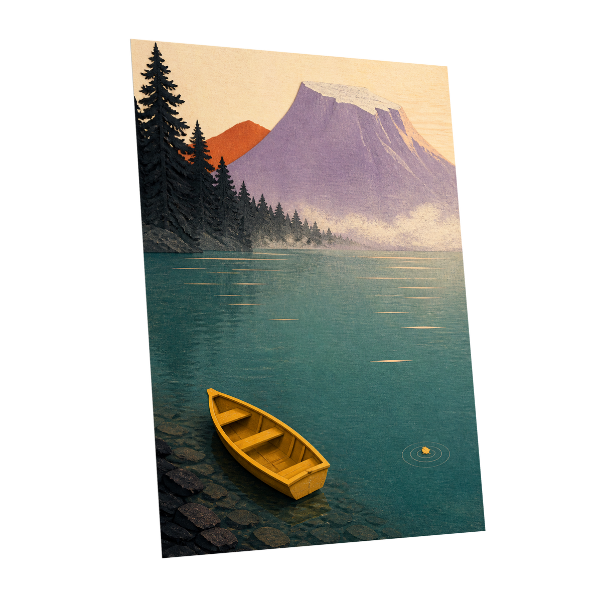Amber Lake Stillness, green, blue, purple nature wall art shown as a unframed poster wall art print