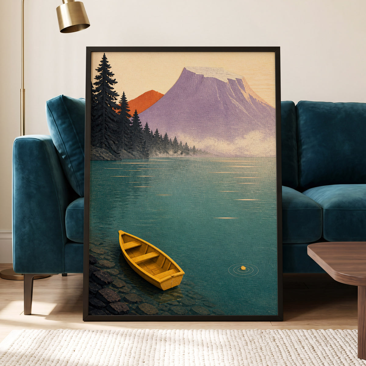 Amber Lake Stillness, green, blue, purple nature wall art displayed in a styled interior, gallery view 2