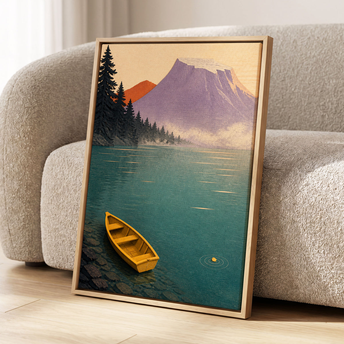 Amber Lake Stillness, green, blue, purple nature wall art displayed in a styled interior, gallery view 4
