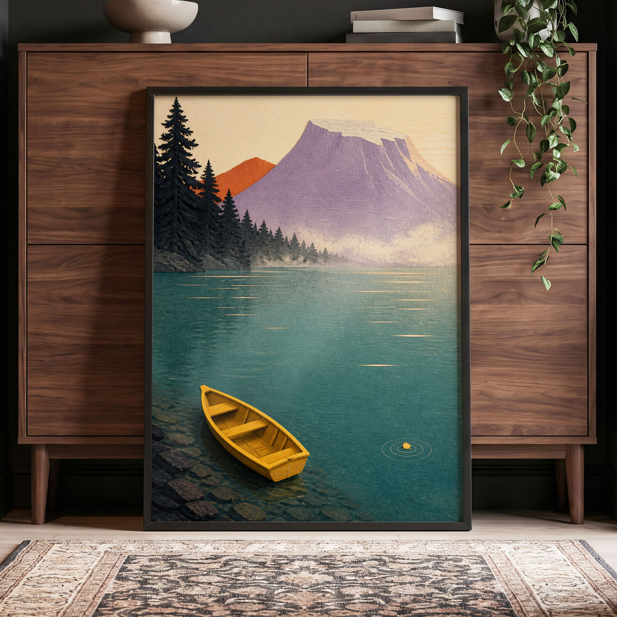 Amber Lake Stillness, green, blue, purple nature wall art displayed in a styled interior, gallery view 6