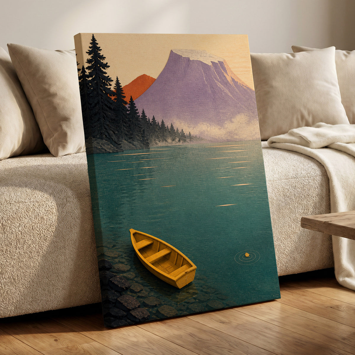 Amber Lake Stillness, green, blue, purple nature wall art displayed in a styled interior, gallery view 7