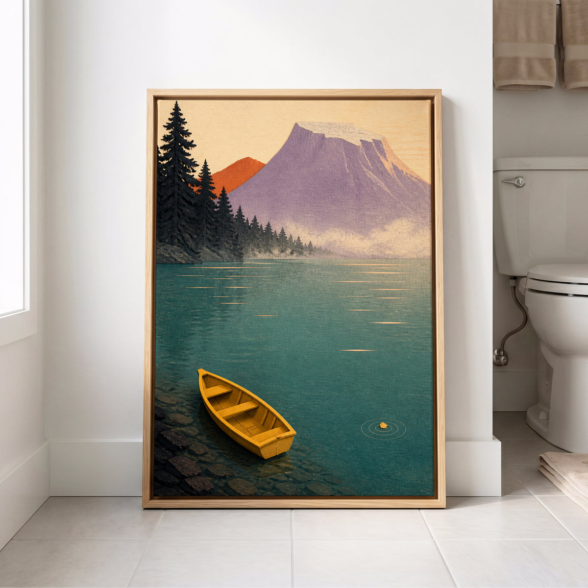 Amber Lake Stillness, green, blue, purple nature wall art displayed in a styled interior, gallery view 8