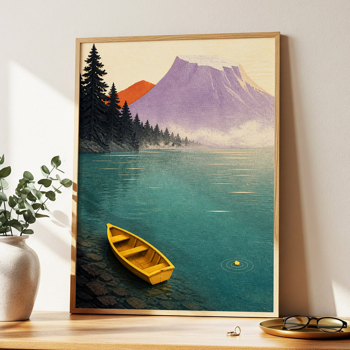 Amber Lake Stillness, green, blue, purple nature wall art displayed in a styled interior, gallery view 9