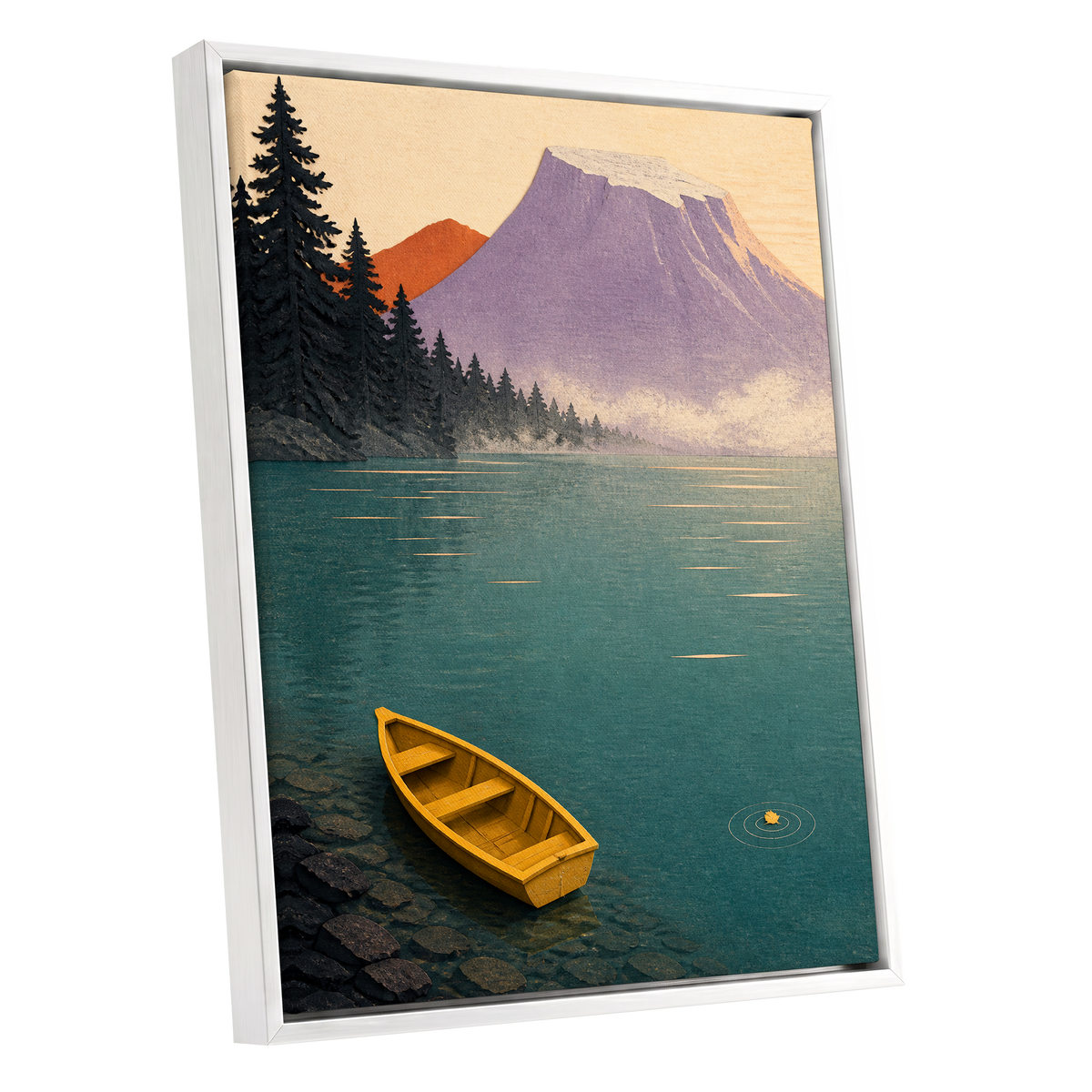 Amber Lake Stillness, green, blue, purple nature wall art shown as a white framed canvas wall art