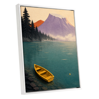 Amber Lake Stillness, green, blue, purple nature wall art shown as a white framed canvas wall art