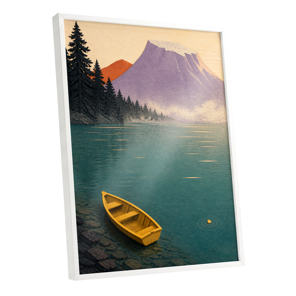 Amber Lake Stillness, green, blue, purple nature wall art shown as a white framed poster wall art print
