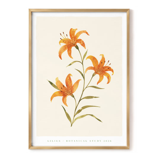 Amber Lily Study, orange, green, beige floral wall art, front artwork view