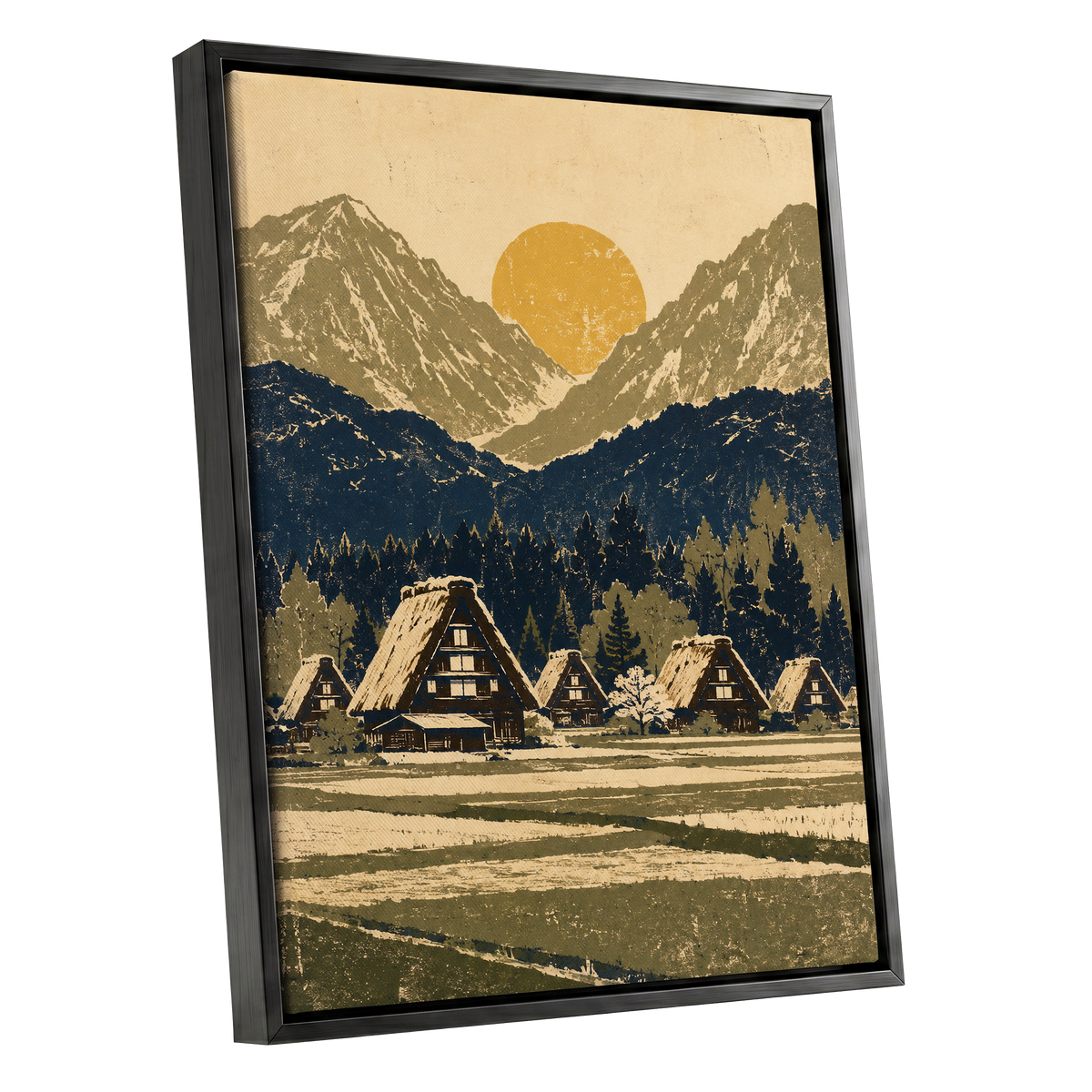 Amber Mountain Village, beige, blue, green nature wall art shown as a black framed canvas wall art