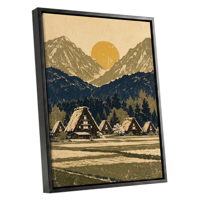 Amber Mountain Village, beige, blue, green nature wall art shown as a black framed canvas wall art