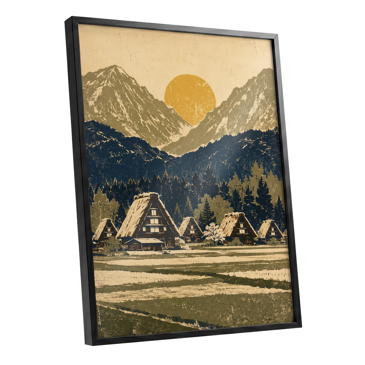 Amber Mountain Village, beige, blue, green nature wall art shown as a black framed poster wall art print