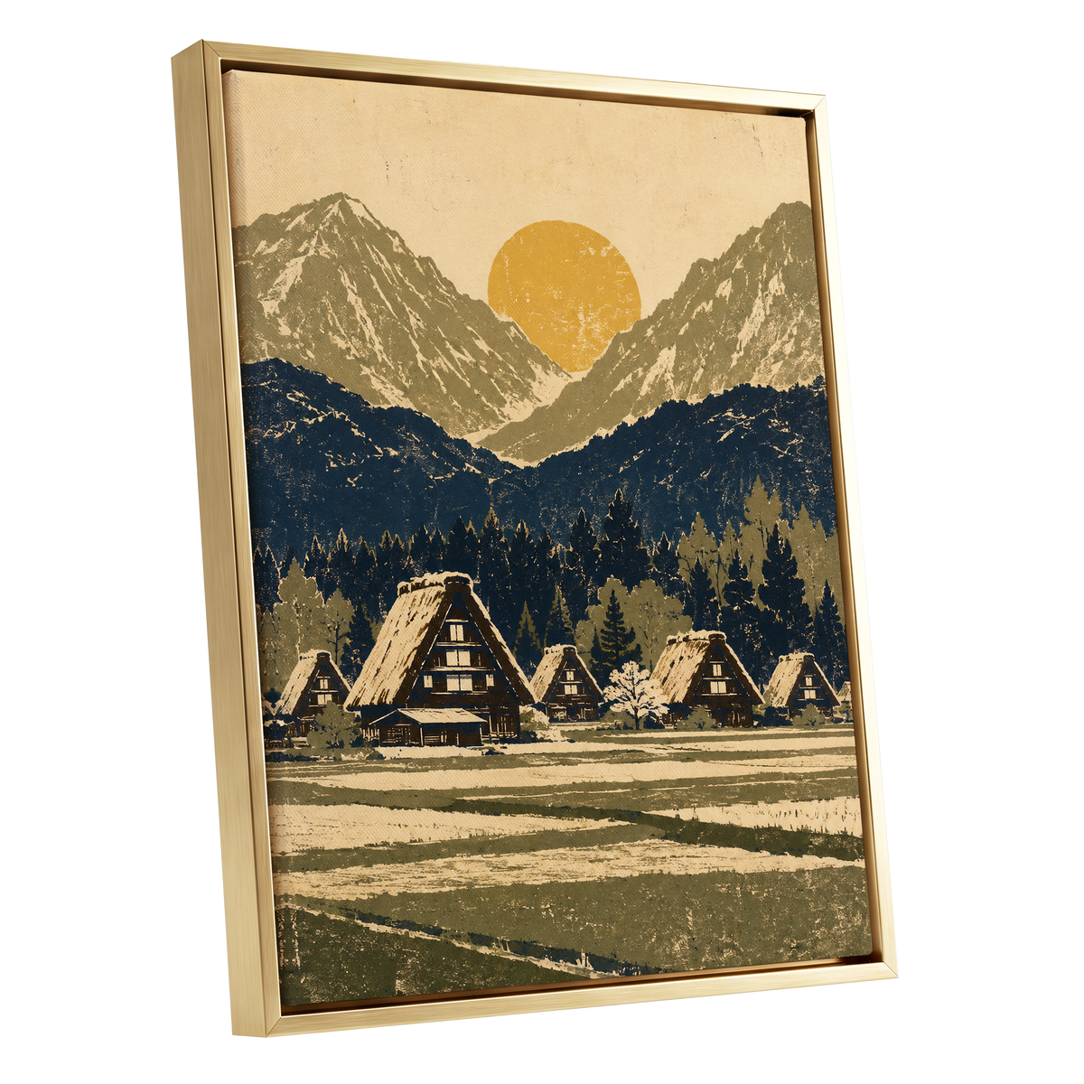 Amber Mountain Village, beige, blue, green nature wall art shown as a gold framed canvas wall art