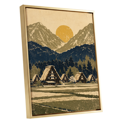 Amber Mountain Village, beige, blue, green nature wall art shown as a gold framed canvas wall art
