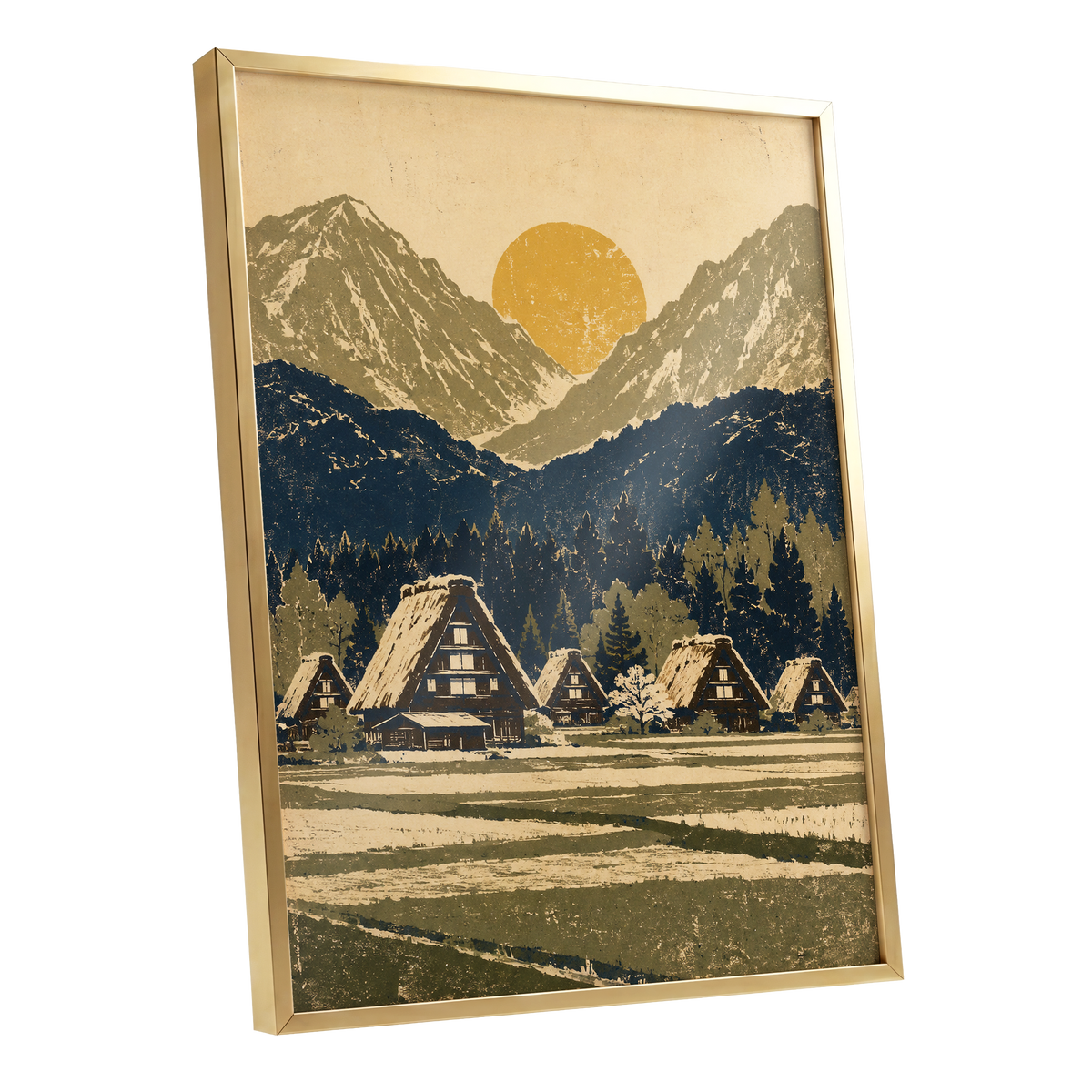 Amber Mountain Village, beige, blue, green nature wall art shown as a gold framed poster wall art print