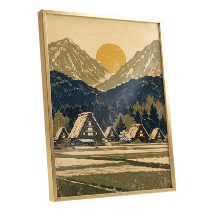Amber Mountain Village, beige, blue, green nature wall art shown as a gold framed poster wall art print