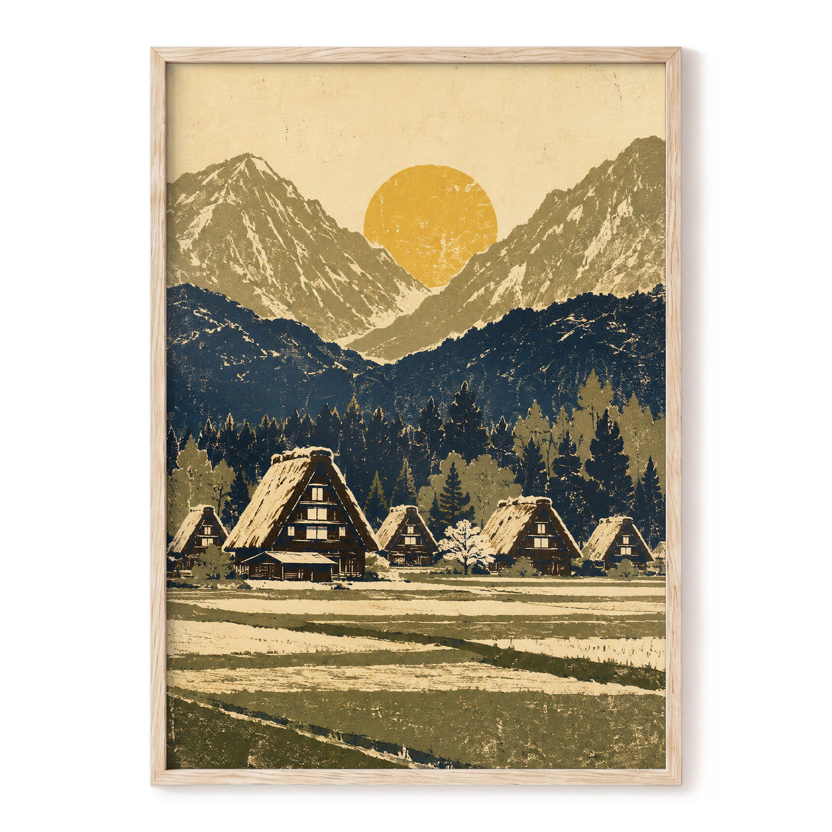 Amber Mountain Village, beige, blue, green nature wall art, front artwork view