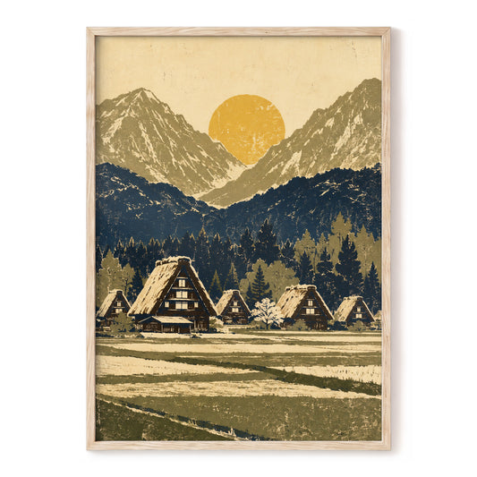 Amber Mountain Village, beige, blue, green nature wall art, front artwork view