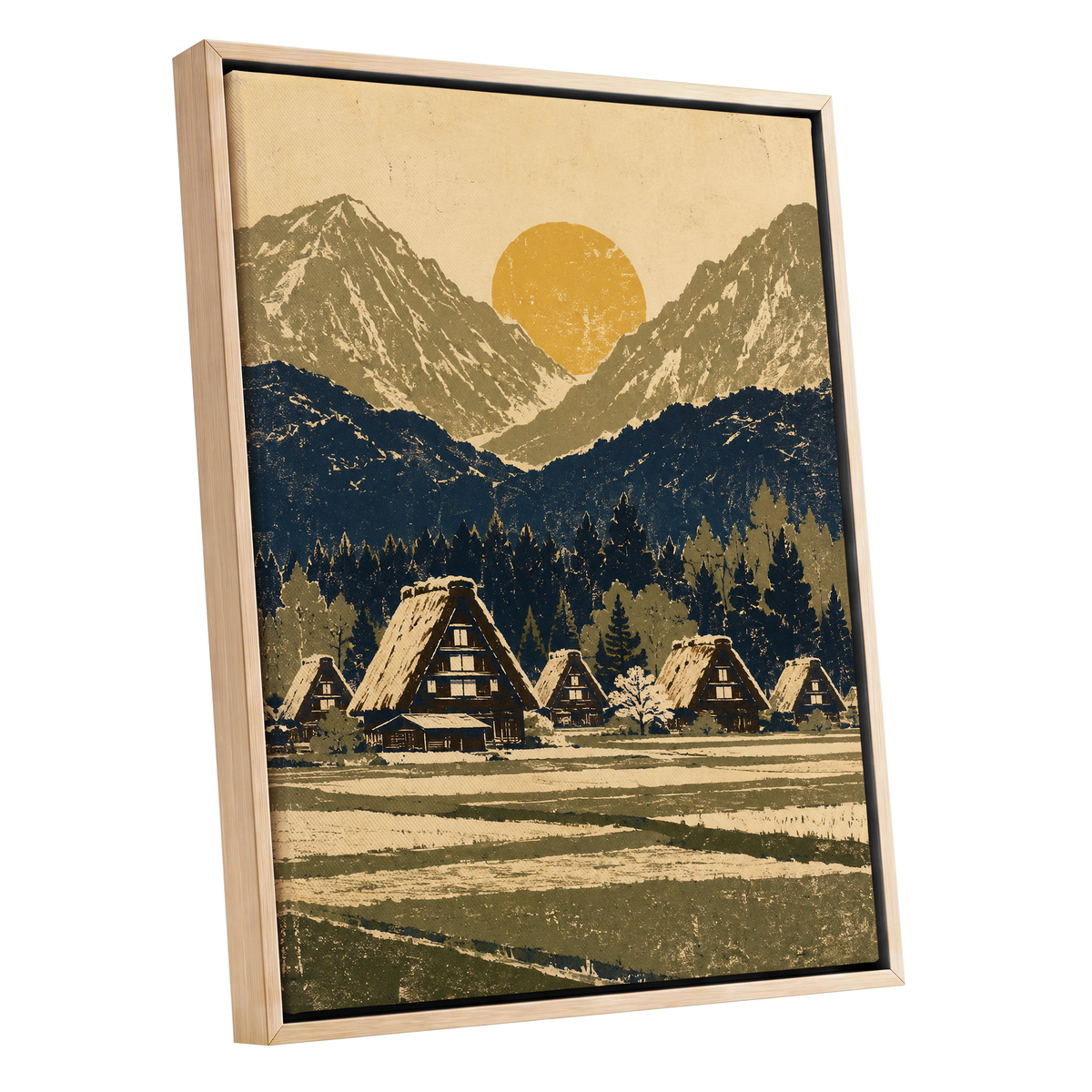 Amber Mountain Village, beige, blue, green nature wall art shown as a oak framed canvas wall art