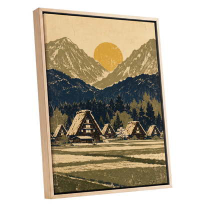 Amber Mountain Village, beige, blue, green nature wall art shown as a oak framed canvas wall art