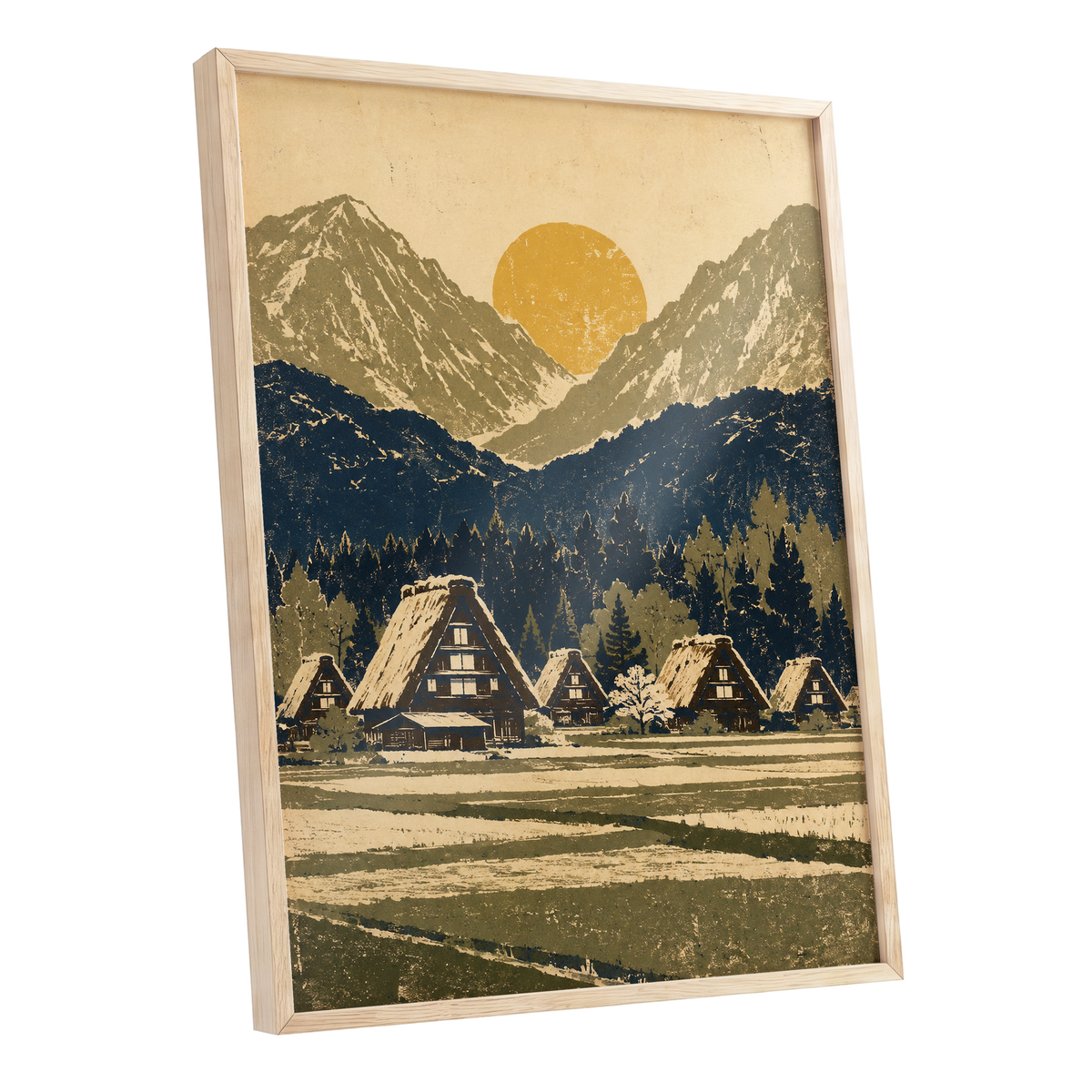 Amber Mountain Village, beige, blue, green nature wall art shown as a oak framed poster wall art print