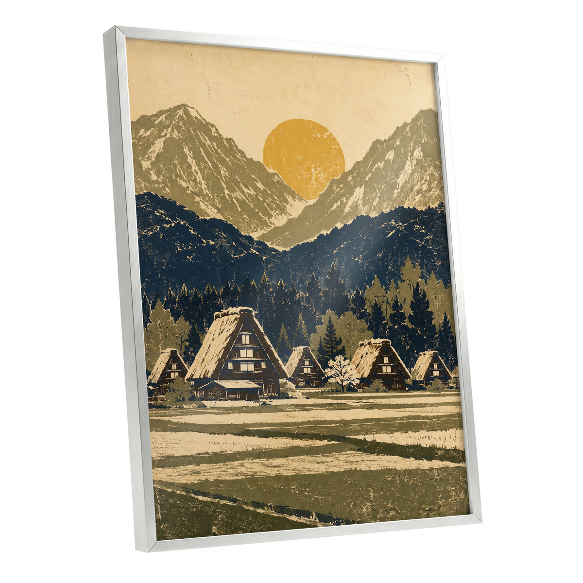 Amber Mountain Village, beige, blue, green nature wall art shown as a silver framed poster wall art print