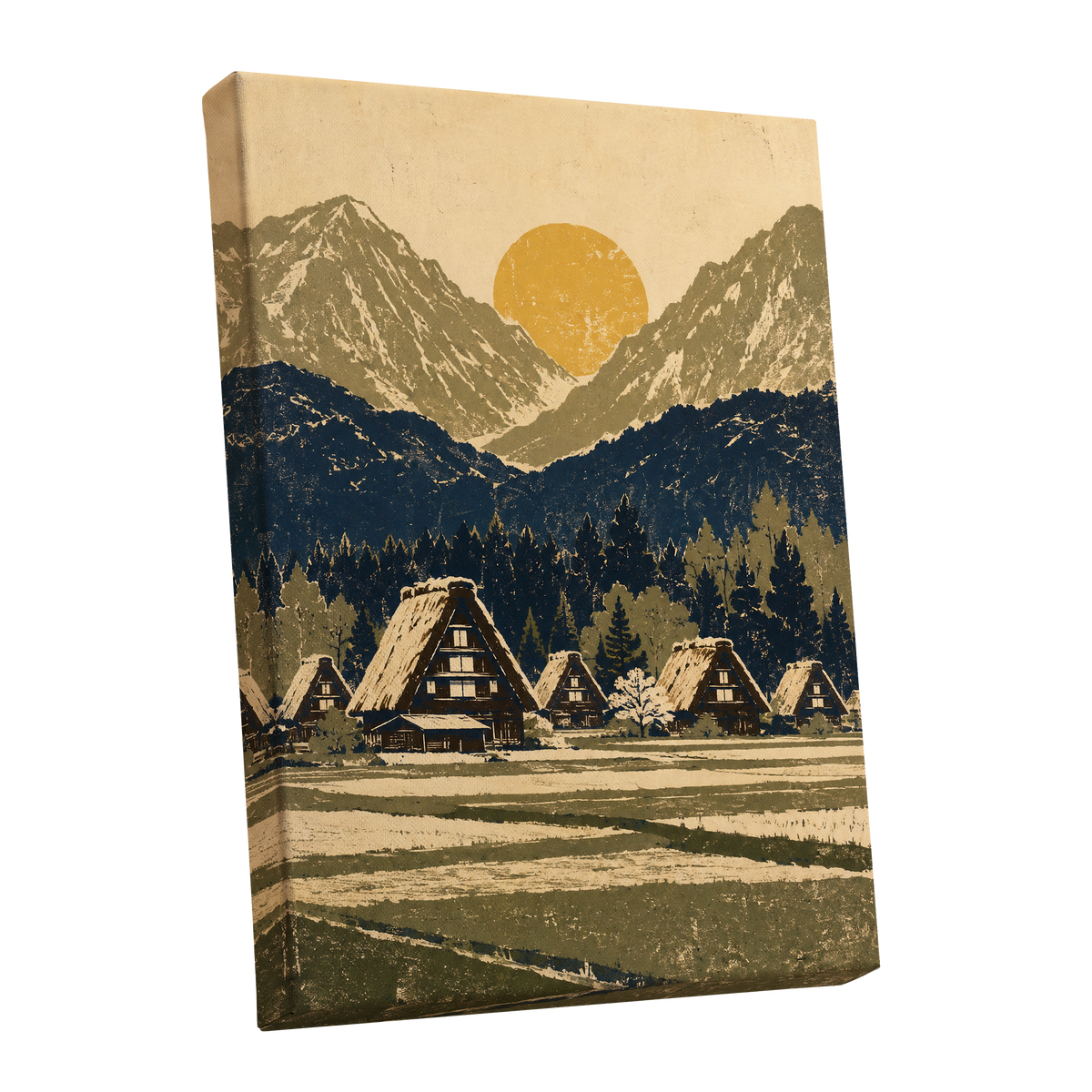 Amber Mountain Village, beige, blue, green nature wall art shown as a stretched canvas wall art
