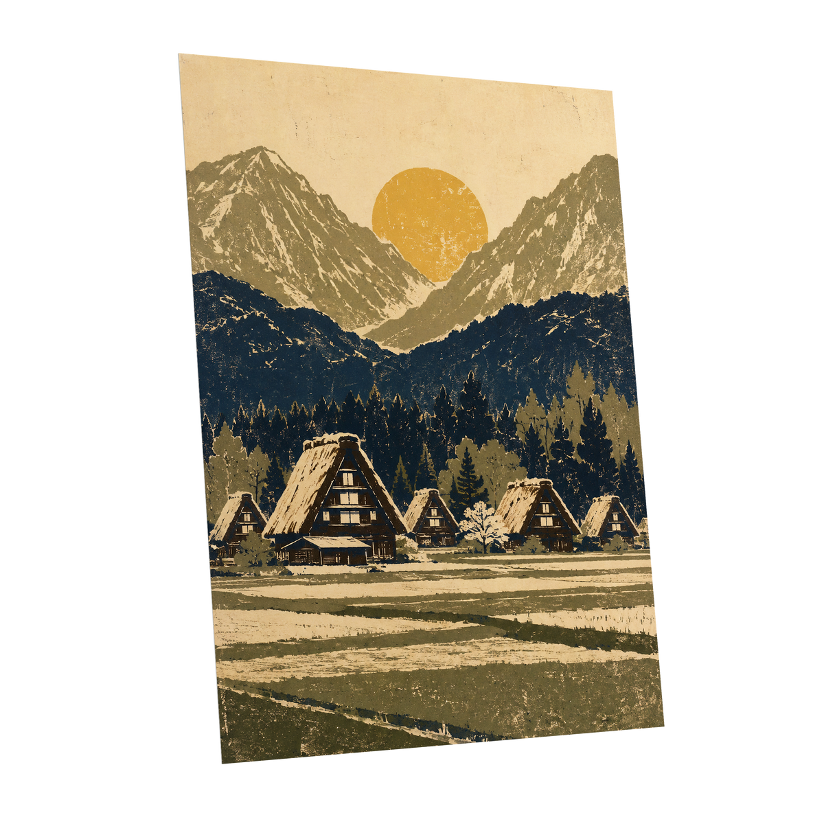 Amber Mountain Village, beige, blue, green nature wall art shown as a unframed poster wall art print
