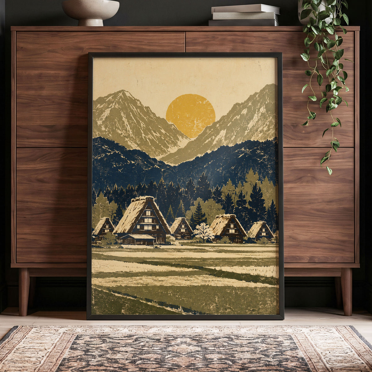 Amber Mountain Village, beige, blue, green nature wall art displayed in a styled interior, gallery view 2