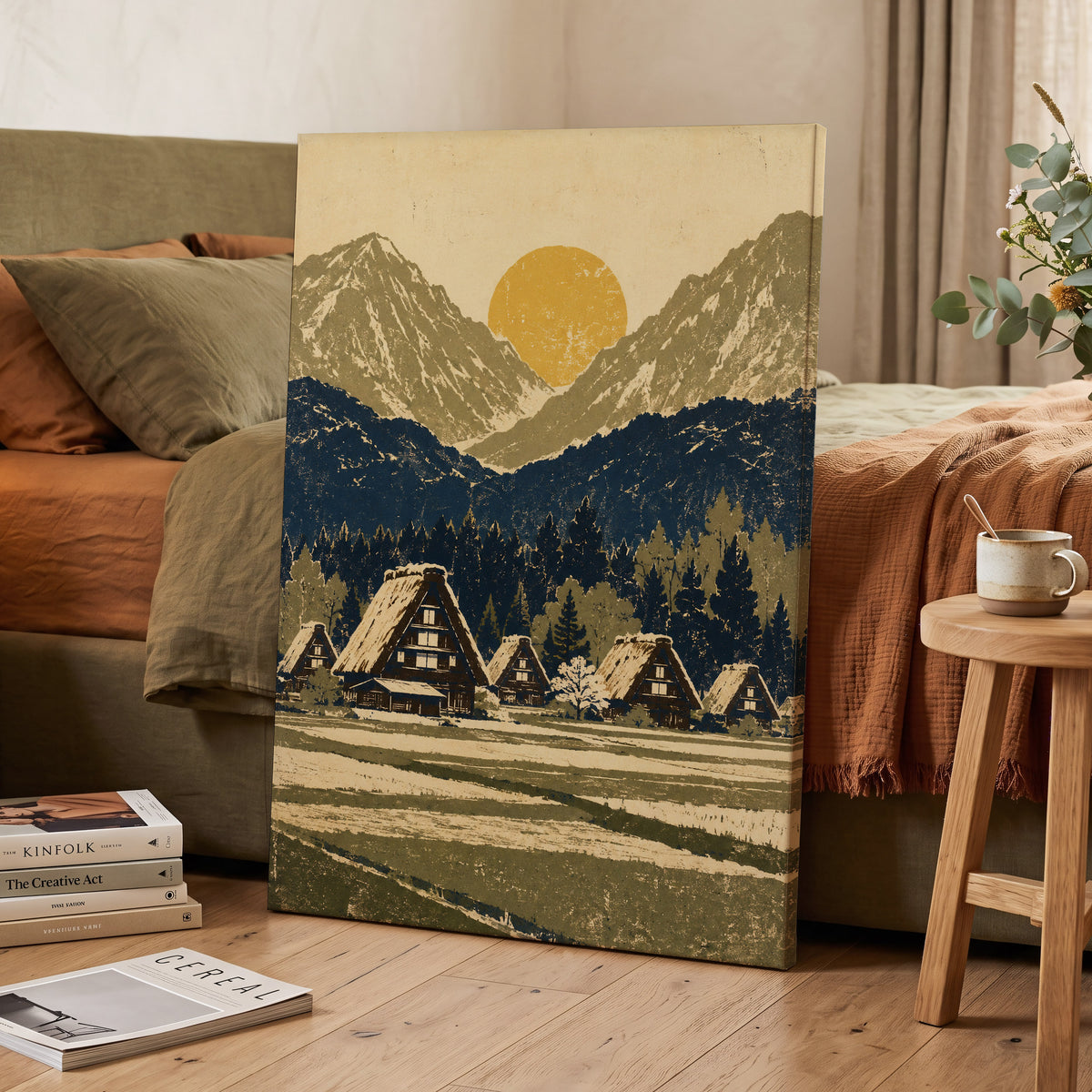Amber Mountain Village, beige, blue, green nature wall art displayed in a styled interior, gallery view 3