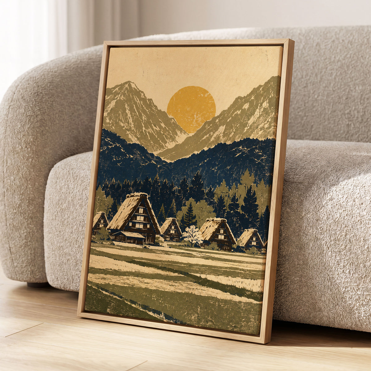 Amber Mountain Village, beige, blue, green nature wall art displayed in a styled interior, gallery view 4
