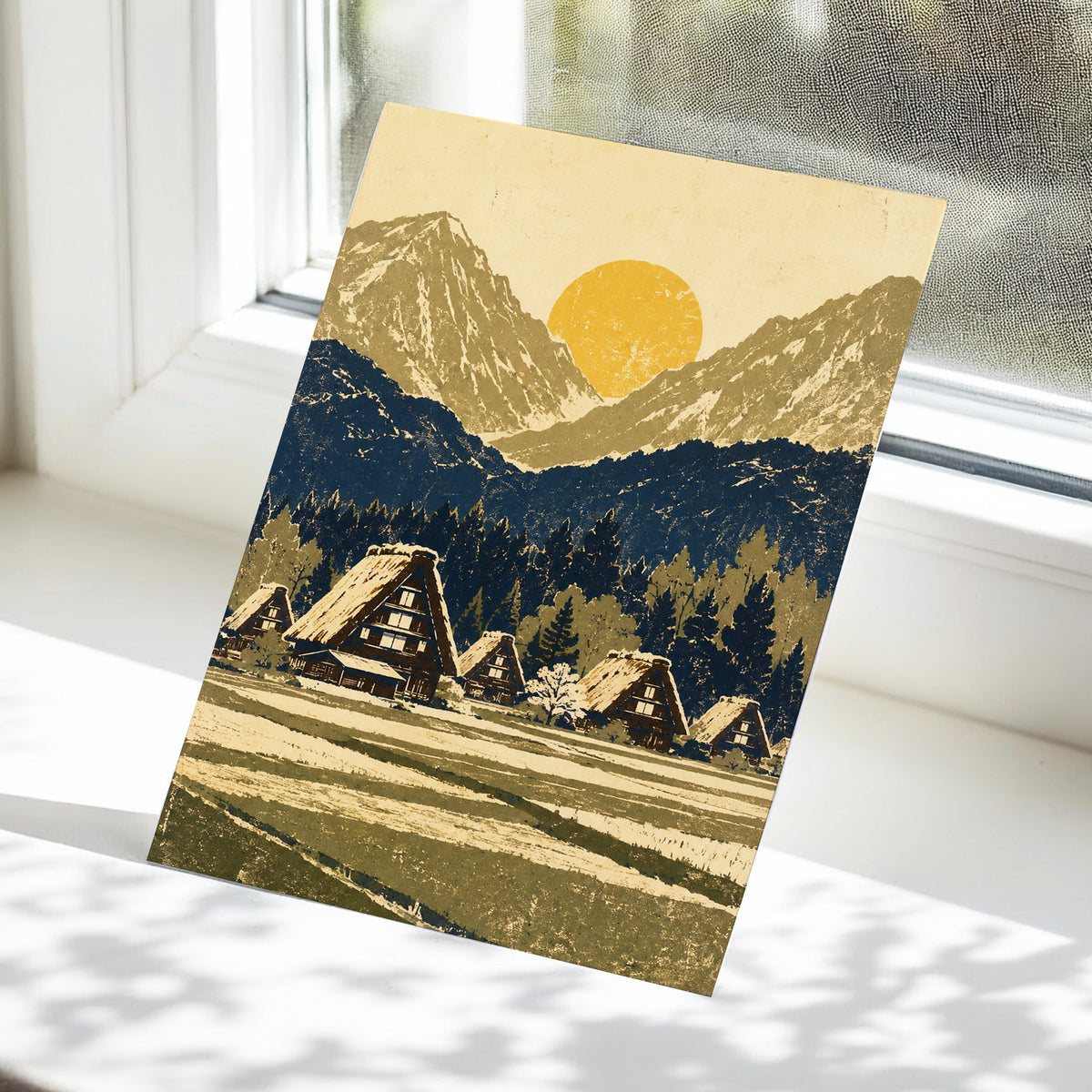 Amber Mountain Village, beige, blue, green nature wall art displayed in a styled interior, gallery view 5