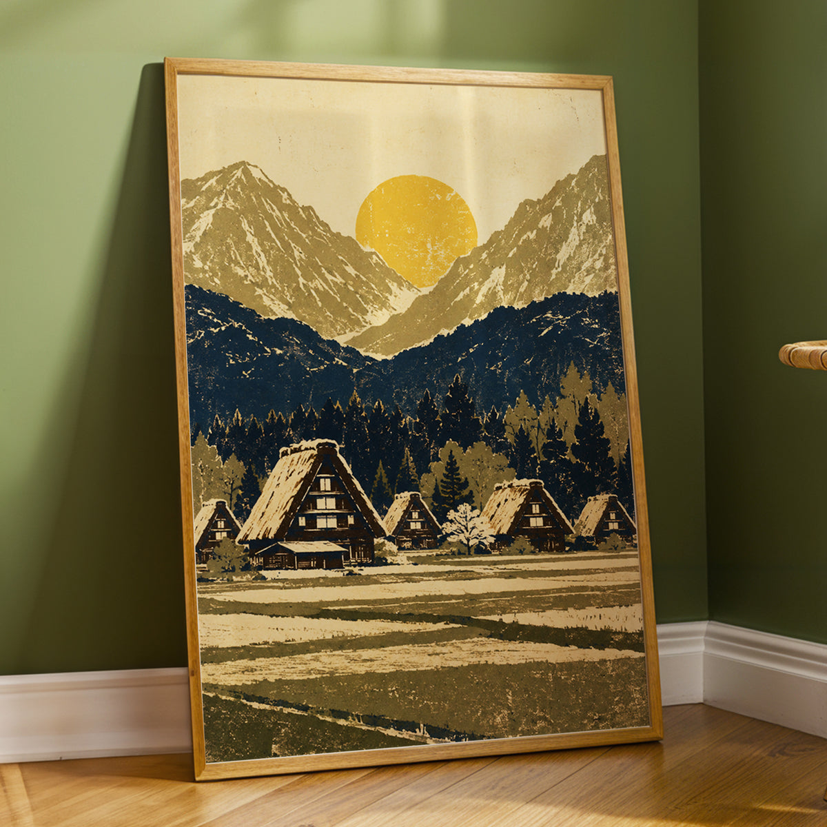 Amber Mountain Village, beige, blue, green nature wall art displayed in a styled interior, gallery view 6