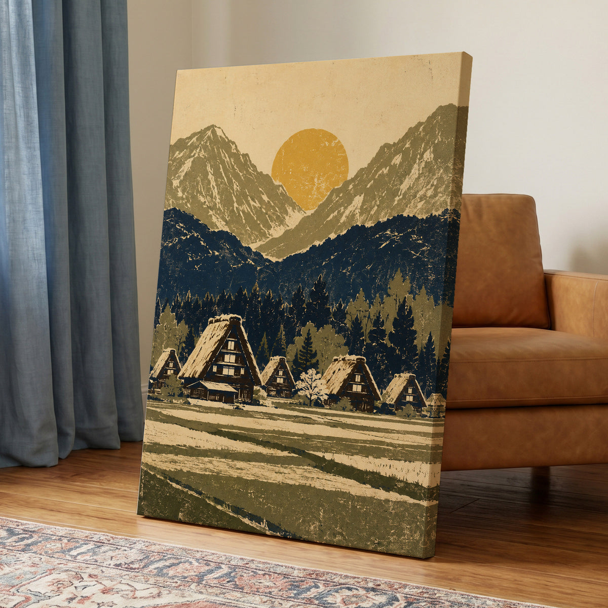 Amber Mountain Village, beige, blue, green nature wall art displayed in a styled interior, gallery view 7