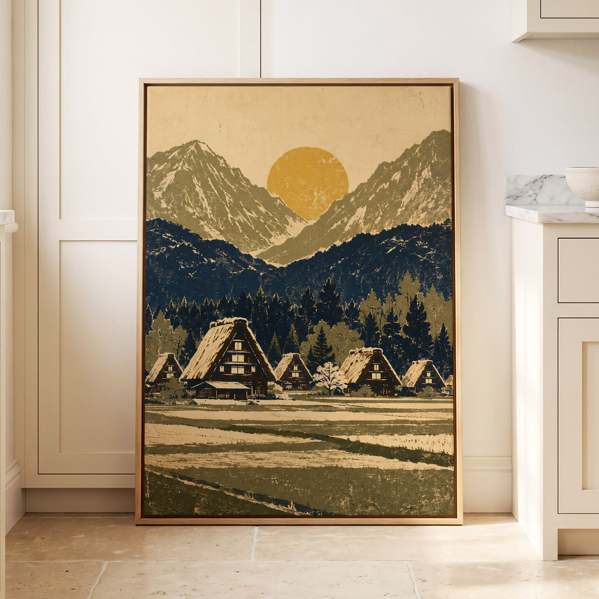 Amber Mountain Village, beige, blue, green nature wall art displayed in a styled interior, gallery view 8