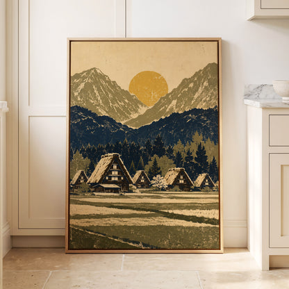 Amber Mountain Village, beige, blue, green nature wall art displayed in a styled interior, gallery view 8