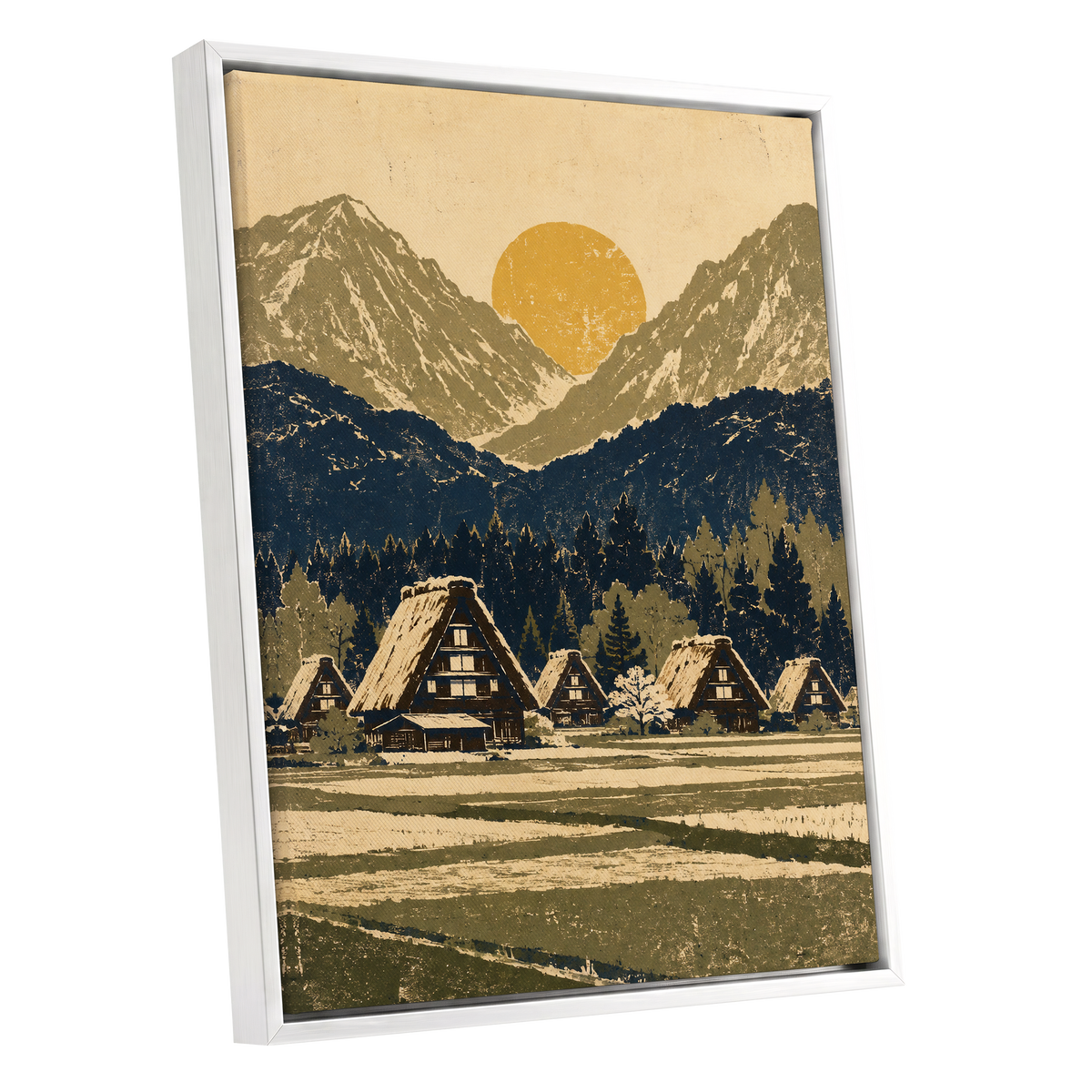 Amber Mountain Village, beige, blue, green nature wall art shown as a white framed canvas wall art