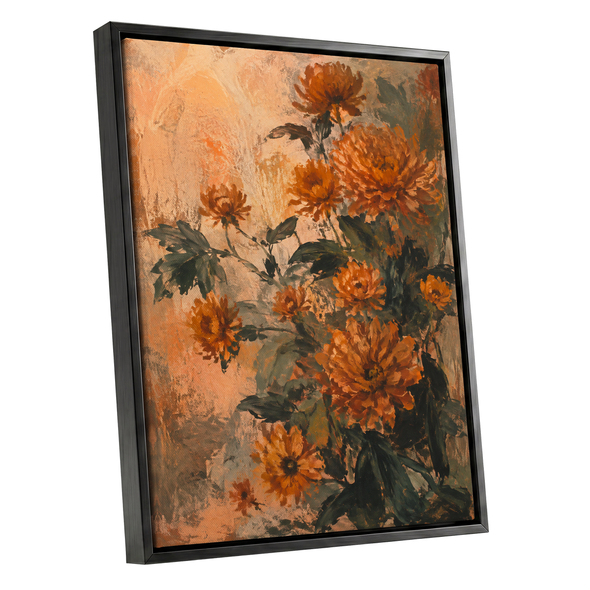 Amber Petal Reverie, orange, green, beige floral wall art shown as a black framed canvas wall art