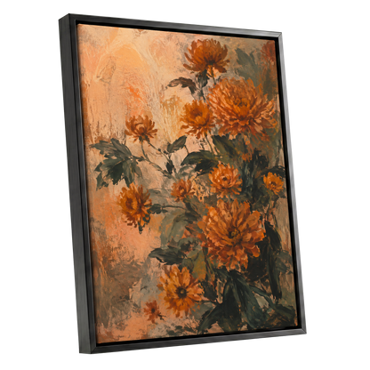 Amber Petal Reverie, orange, green, beige floral wall art shown as a black framed canvas wall art