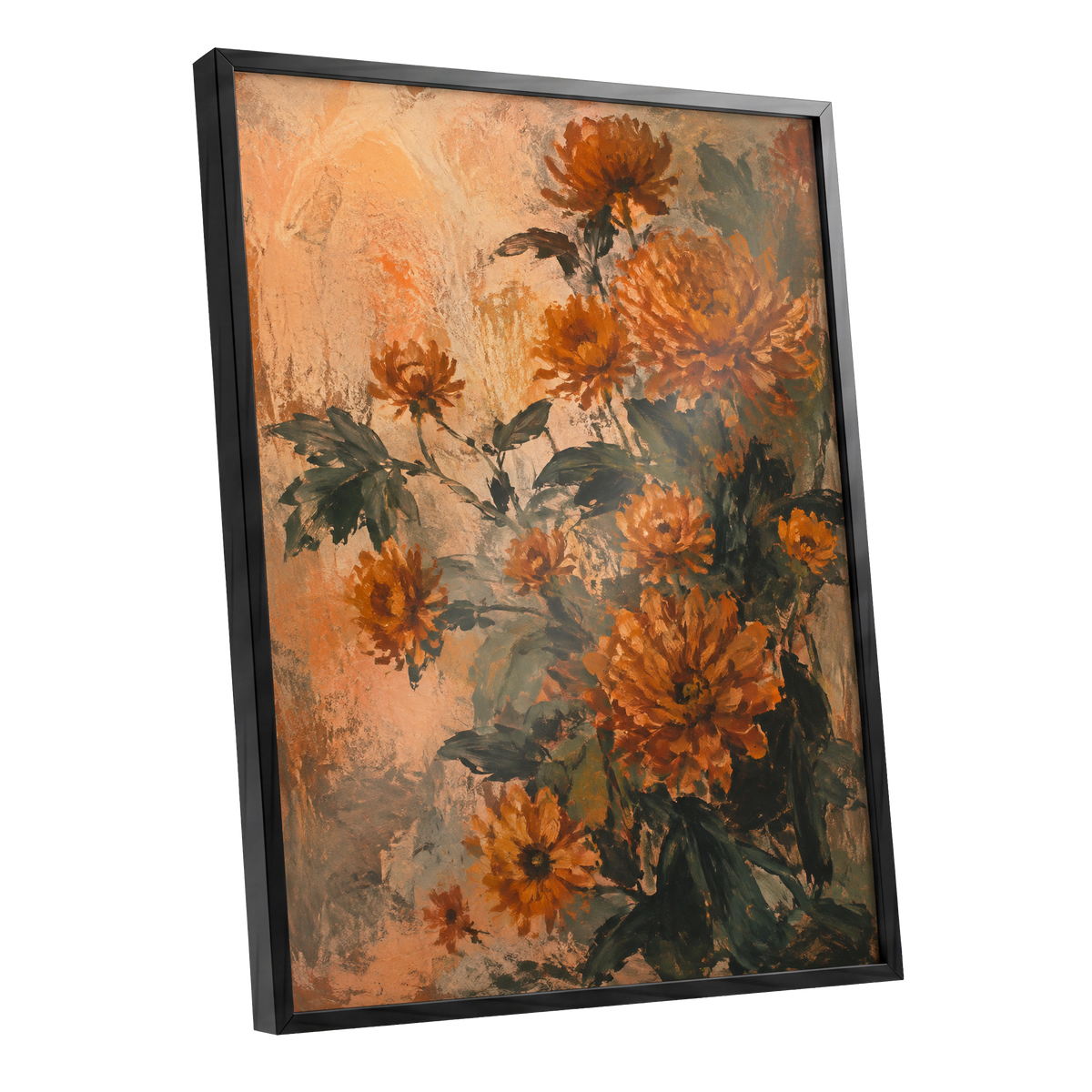 Amber Petal Reverie, orange, green, beige floral wall art shown as a black framed poster wall art print