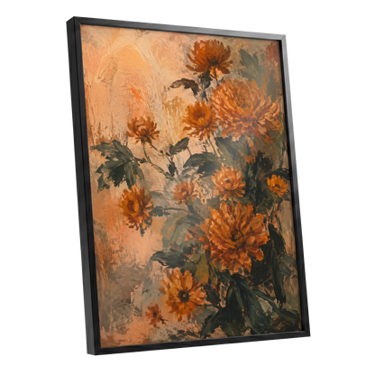 Amber Petal Reverie, orange, green, beige floral wall art shown as a black framed poster wall art print