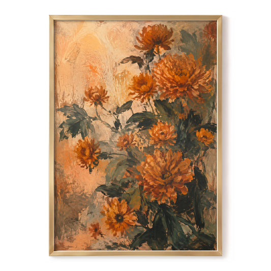 Amber Petal Reverie, orange, green, beige floral wall art, front artwork view