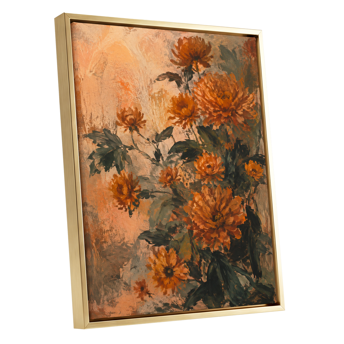 Amber Petal Reverie, orange, green, beige floral wall art shown as a gold framed canvas wall art