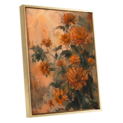 Amber Petal Reverie, orange, green, beige floral wall art shown as a gold framed canvas wall art