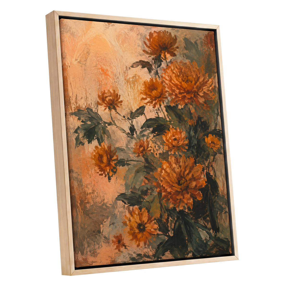 Amber Petal Reverie, orange, green, beige floral wall art shown as a oak framed canvas wall art