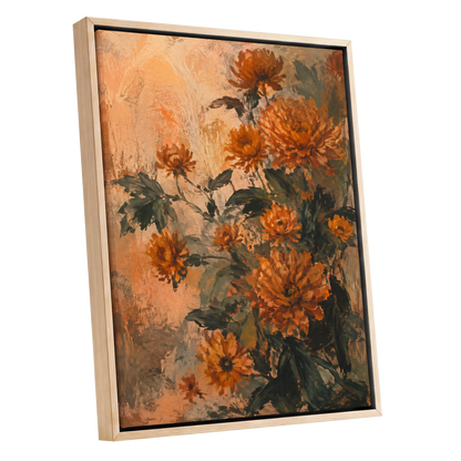 Amber Petal Reverie, orange, green, beige floral wall art shown as a oak framed canvas wall art