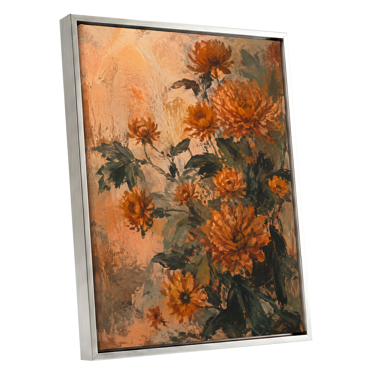 Amber Petal Reverie, orange, green, beige floral wall art shown as a silver framed canvas wall art