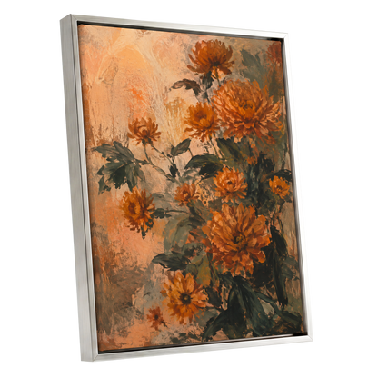 Amber Petal Reverie, orange, green, beige floral wall art shown as a silver framed canvas wall art