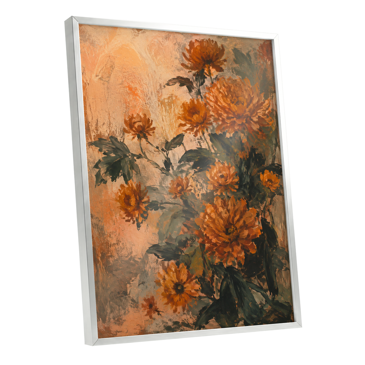 Amber Petal Reverie, orange, green, beige floral wall art shown as a silver framed poster wall art print