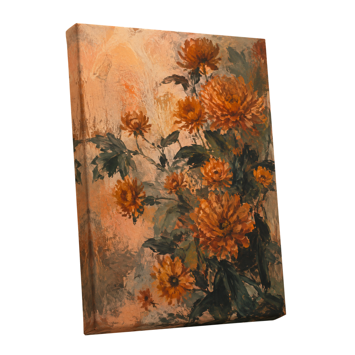Amber Petal Reverie, orange, green, beige floral wall art shown as a stretched canvas wall art