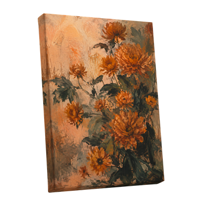 Amber Petal Reverie, orange, green, beige floral wall art shown as a stretched canvas wall art